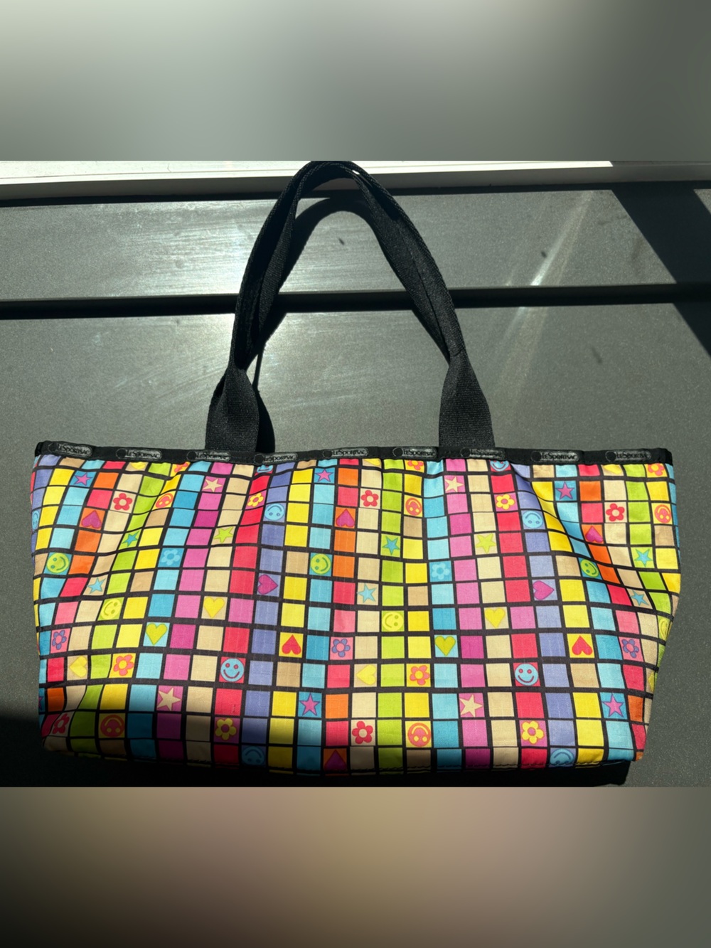 Vintage LeSportsac Large Travel Tote Bag - Rainbow Square Smiley Grid Pattern